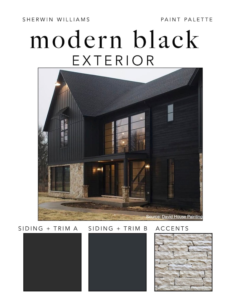 May include: A paint palette for a modern black exterior home. The palette includes three colors: a dark gray for the siding and trim, a slightly lighter gray for the siding and trim, and a light beige for the stone accents.