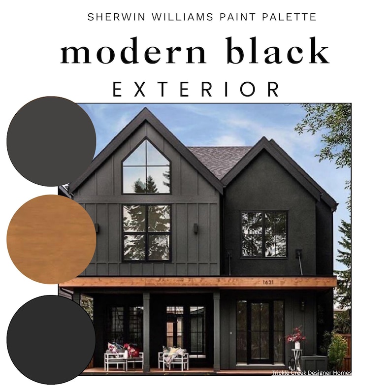 Modern Black Exterior Paint Color Colors | 4 Designs | Sherwin Williams House Colors for Siding, Trim, Front Door, Stain, Accents image 1