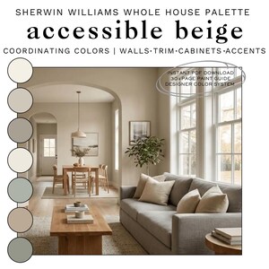 以下が含まれることがあります： Sherwin Williams Whole Houseパレットガイド、Accessible Beige。画像には、ベージュの壁、ベージュのクッションを置いたグレーのソファ、木製のコーヒーテーブル、7つのカラー見本が並ぶリビングとダイニングエリアが写っています。