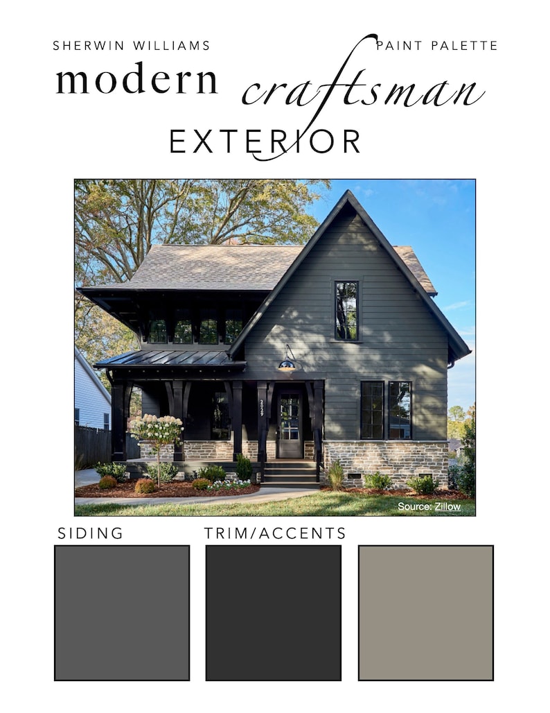 May include: A house exterior paint palette guide titled Sherwin Williams Modern Craftsman Exterior. It features a two-story house with dark gray horizontal siding, black trim, and a stone base. Below are three color swatches labeled Siding and Trim/Accents.
