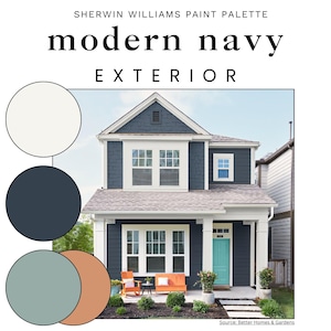 Modern NAVY EXTERIOR Paint Color Palette: Siding, Trim, Doors, Stain, Accents, 4 Versions