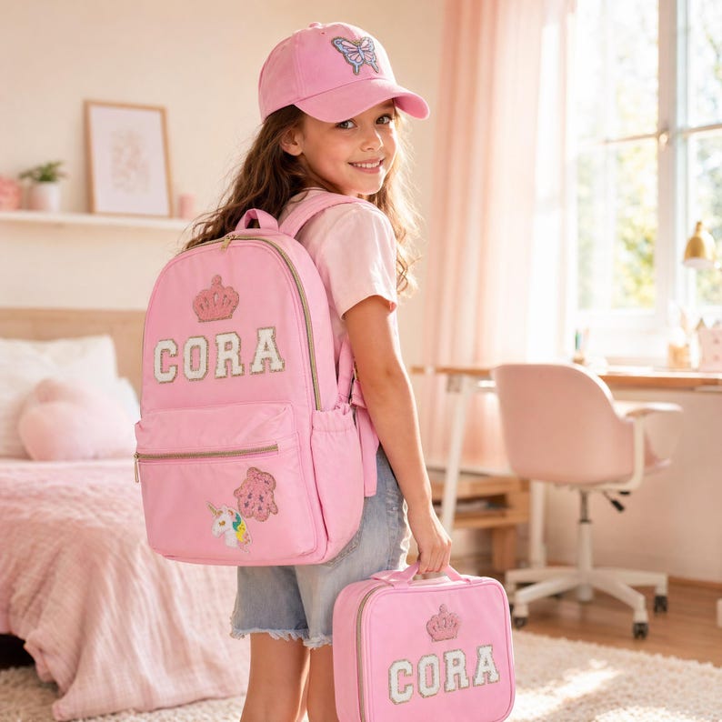 Pu&ograve; includere: Set rosa composto da zaino, borsa per il pranzo e cappellino da baseball. Lo zaino e la borsa per il pranzo hanno il nome "CORA" in lettere argentate e un design a corona. Il cappellino presenta una farfalla. Lo zaino ha una toppa con unicorno e orso.