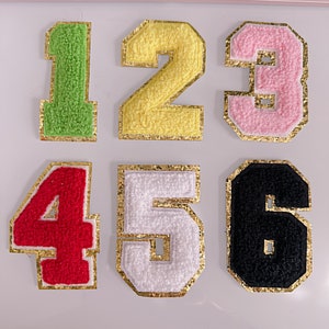May include: Six felt patches with numbers 1 through 6. The patches are in different colors: green, yellow, pink, red, white, and black. Each patch has a gold outline.
