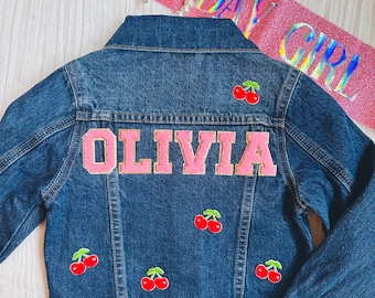 Personalized Kids Jean Jacket: Cherry Appliqué, Custom Name
