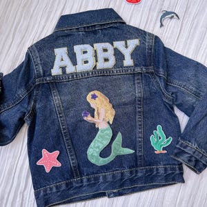 Personalized Girls Jean Jacket: Mermaid theme, custom name, chenille patches, girl’s birthday gift
