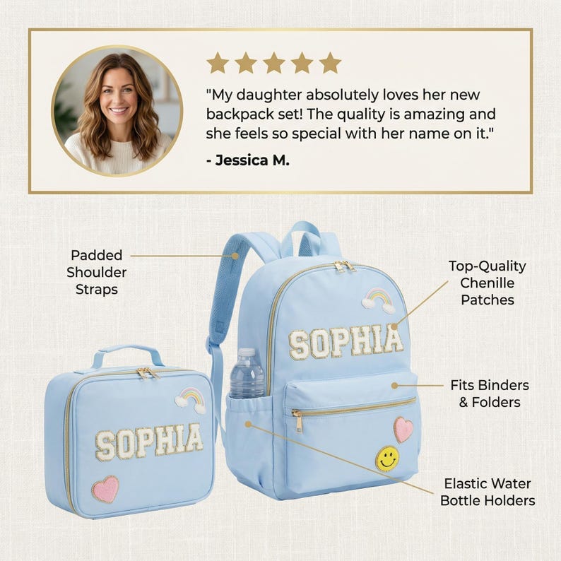 Pu&ograve; includere: Un set di zaino e borsa per il pranzo azzurri. Lo zaino presenta il nome "SOPHIA" in lettere di ciniglia dorate, una toppa arcobaleno e una tasca laterale per una bottiglia d'acqua. Anche la borsa per il pranzo ha il nome "SOPHIA".