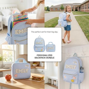 Pu&ograve; includere: Un set di zaini personalizzati azzurri con uno zaino e una borsa per il pranzo. Entrambi gli articoli hanno il nome "EMILY" in crema. Lo zaino ha un arcobaleno, un fiore, un cuore e una toppa con la faccina sorridente. La borsa per il pranzo ha una toppa con l'arcobaleno.