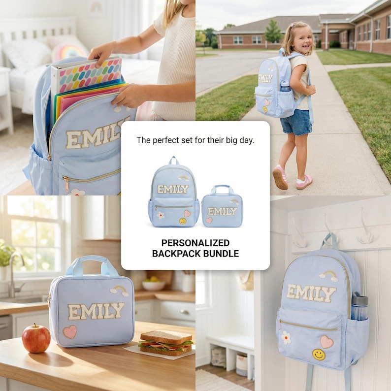 Pu&ograve; includere: Un set di zaini personalizzati azzurri con uno zaino e una borsa per il pranzo. Entrambi gli articoli hanno il nome "EMILY" in crema. Lo zaino ha un arcobaleno, un fiore, un cuore e una toppa con la faccina sorridente. La borsa per il pranzo ha una toppa con l'arcobaleno.