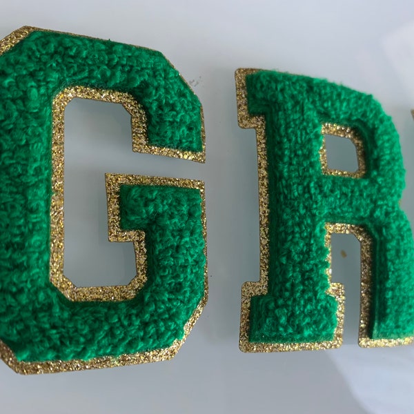 New GREEN 2.35 Inch Chenille letters | Game day shirts | chenille letter p| iron on patch | iron on letters | Christmas Sweatshirts |