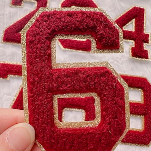 May include: Red felt number six with a gold glitter outline. The number is thick and has a fuzzy texture.