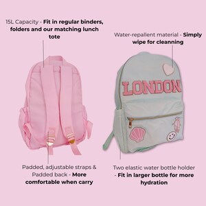 Pu&ograve; includere: Sono esposti due zaini. Uno &egrave; rosa chiaro con spallacci imbottiti e regolabili. L'altro &egrave; azzurro con la scritta "LONDON" e toppe decorative. Entrambi hanno porta bottiglie elastici.