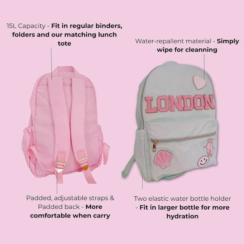 Pu&ograve; includere: Sono esposti due zaini. Uno &egrave; rosa chiaro con spallacci imbottiti e regolabili. L'altro &egrave; azzurro con la scritta "LONDON" e toppe decorative. Entrambi hanno porta bottiglie elastici.