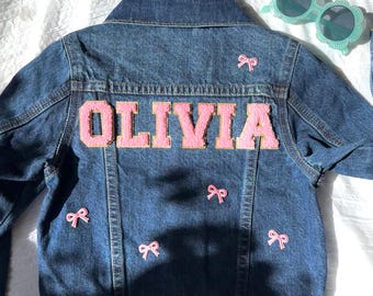 Personalized Girls Denim Jacket with Pink Bows, Custom Name Patch Toddler Jean