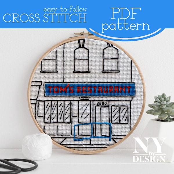 Tom's Restaurant Classic NYC Storefront, Seinfeld Coffee Shop, Cross Stitch Pattern, Embroidery Design, Easy PDF, Instant Download