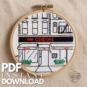 The Odeon Classic NYC Storefront Cross Stitch Pattern, Embroidery Design, Easy PDF, Instant Download