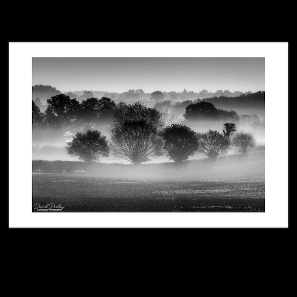 Mist Over the Norfolk Countryside, Print only or mounted to fit A3 or 16"x 12" frame, Free Postage. Black & White, Mist, North Norfolk.