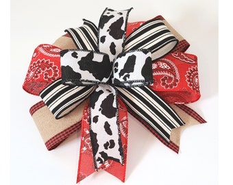 Farmhouse Bow for Gift, Cow Girl Bow, Cow Door Hanger Bow, Lantern Bow, Holstein Bandana Bow, Gift Package Embellishment, Garland Bow