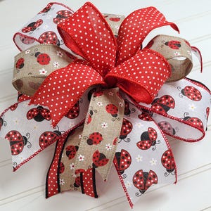 May include: A red and white polka dot ribbon, a brown burlap ribbon with white flowers and ladybugs, and a white ribbon with ladybugs and white flowers are tied together in a bow.