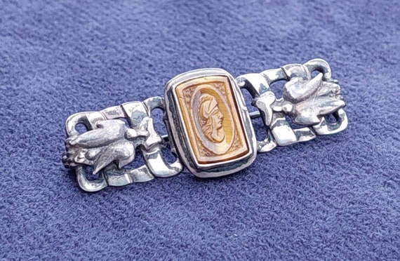 Antique Art Nouveau silver brooch with tiger eye … - image 1