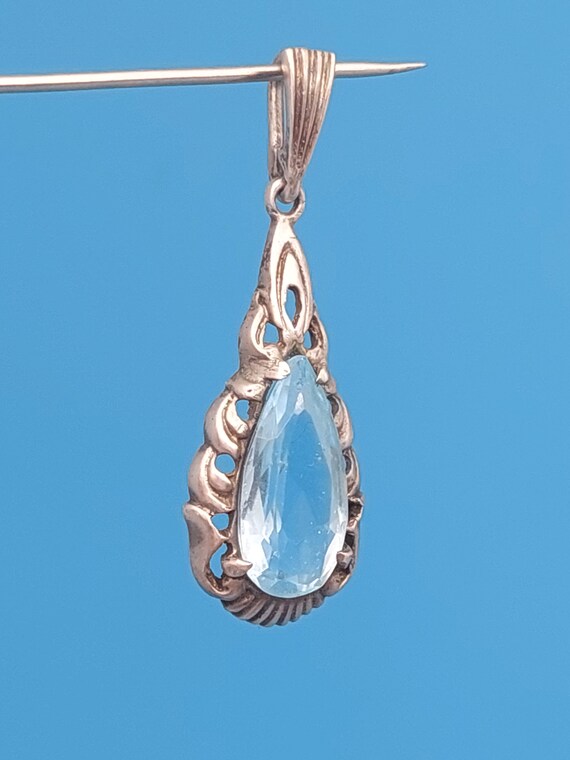 Antique silver pendant art deco light blue polish… - image 3