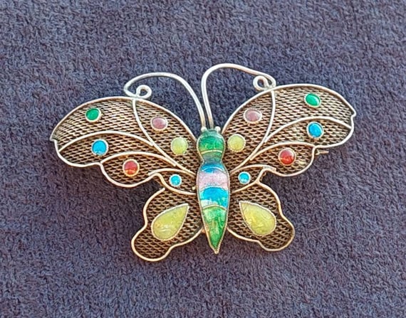 Broche Papillon Vintage - Pierre Verte Clair Et Foncé - Métal Ton Or - Occasion