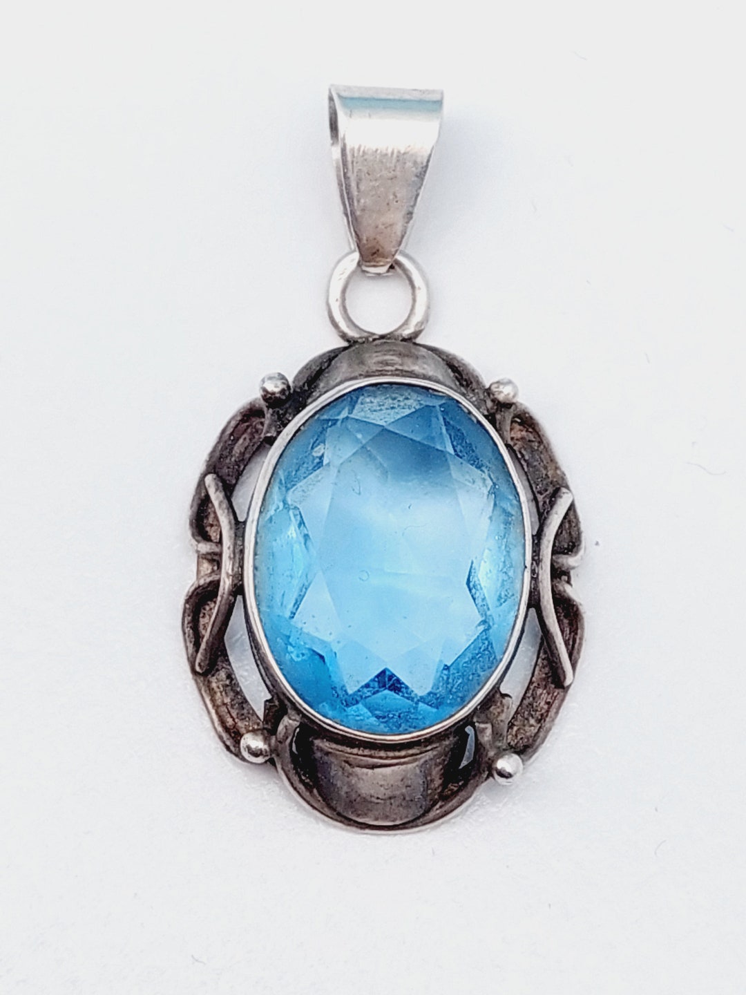 Antique 800 Art Nouveau Silver Pendant With Large Cut Blue Stone Water ...