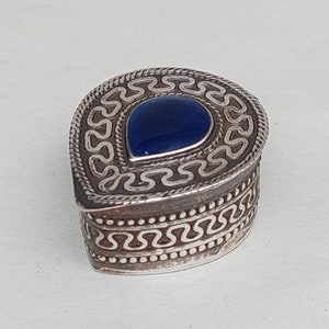 Antique solid 925 silver tin pill box blue stone Art Deco pill box tin for pills