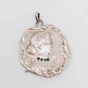 Antique 900 Silver Pendant Art Nouveau Girl Woman Charm Bracelet Pendant Lucky Charm