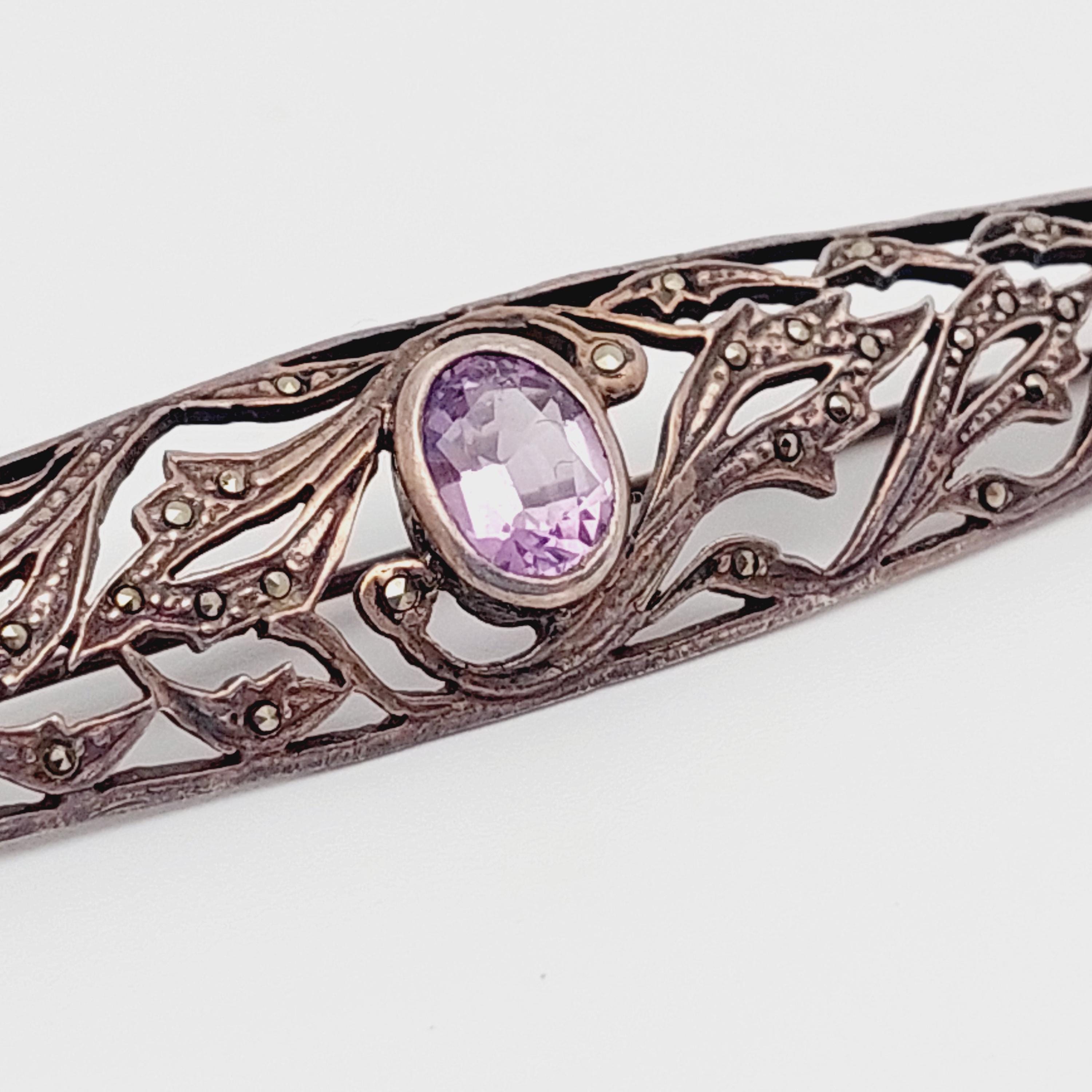 Broche Vintage En Marcassite Avec Pierre Violette Centrale - Très Bon état (TBE)