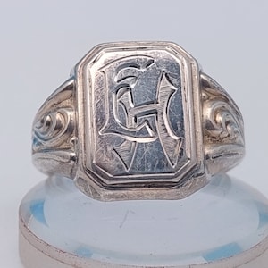 Size 26 Antique Men&#39;s Signet Ring 835 Silver Art Nouveau Ring Monogram EH HE