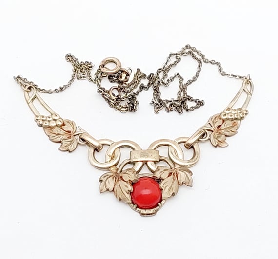 Antique double necklace coral colored stone gold … - image 1