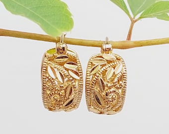 Vintage 925 silver hoop earrings gold-plated floral diamond-cut
