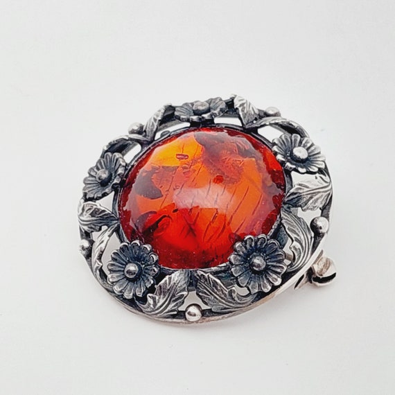 Broche Ancienne En Argent Massif Et Ambre - Bijou Vintage Occasion