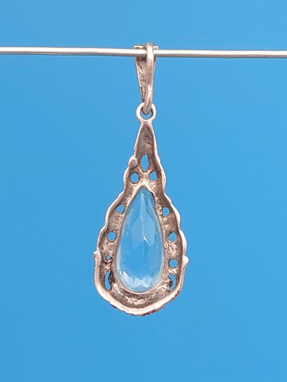 Antique silver pendant art deco light blue polish… - image 6