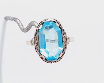 Antique 925 silver Art Nouveau ring with blue stone aquamarine colored size 15 US 7
