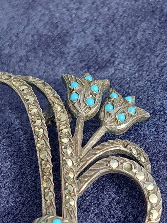 Superbe Broche Ancienne En Argent Massif 925, Motif Fleurs Et Feuillages Avec Marcassite, Style Art Déco