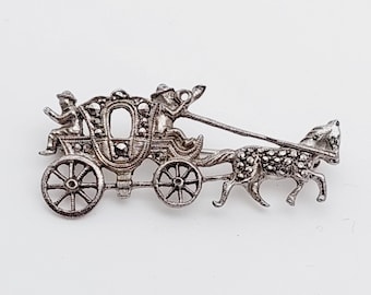 Broche de calèche antique en argent 835, chevaux occidentaux