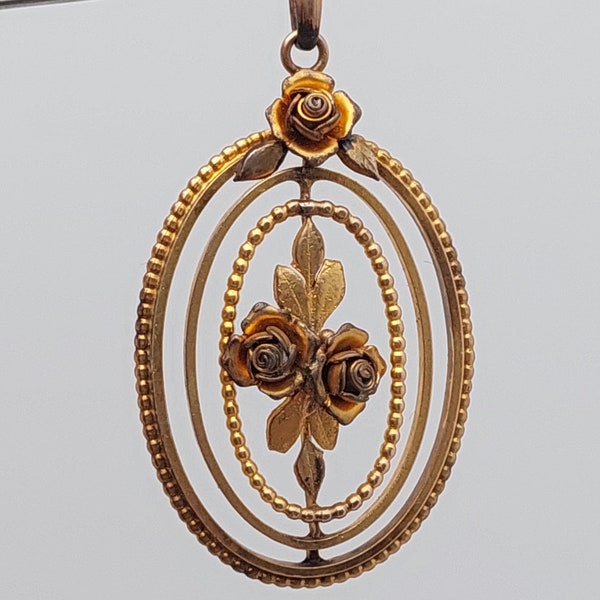 Ciondolo antico in oro doppio granato Art Nouveau gioielli vintage da donna degli anni '10 con fiori