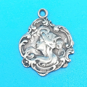 Antique Silver Pendant Art Nouveau Girl Woman Charm Bracelet Pendant Lucky Charm