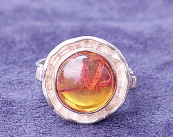 Bague En Argent Sterling & Ambre Baltique - Style Moderniste Des Années 70 - Taille 54 - Vintage Allemagne