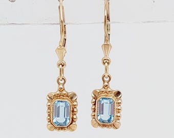 Antique 333 Gold Drop Earrings, 8 Carat Earrings, Aquamarine Look, Blue Cut Stone, Glass, Gift for Her/Women