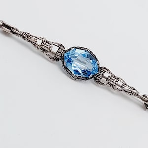 7.3 cm Beautiful antique silver brooch Art Nouveau aquamarine colored blue stone
