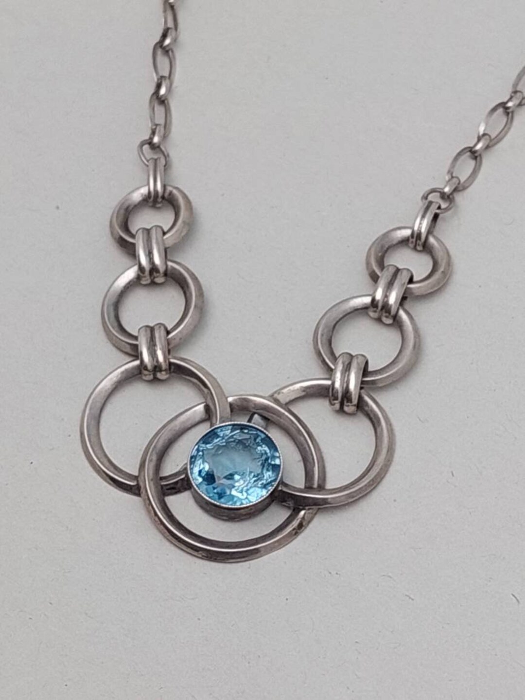 Antique Silver Pendant Art Deco Light Blue Cut Stone Aquamarine Colored