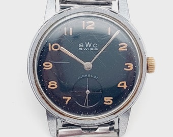 BWC Swiss made wristwatch, cal. AS1130 vintage military watch for men mechanical hand-wound wristwatch with second