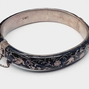 Antique double bracelet bangle Biedermeier mourning jewelry jet doublé birds flowers