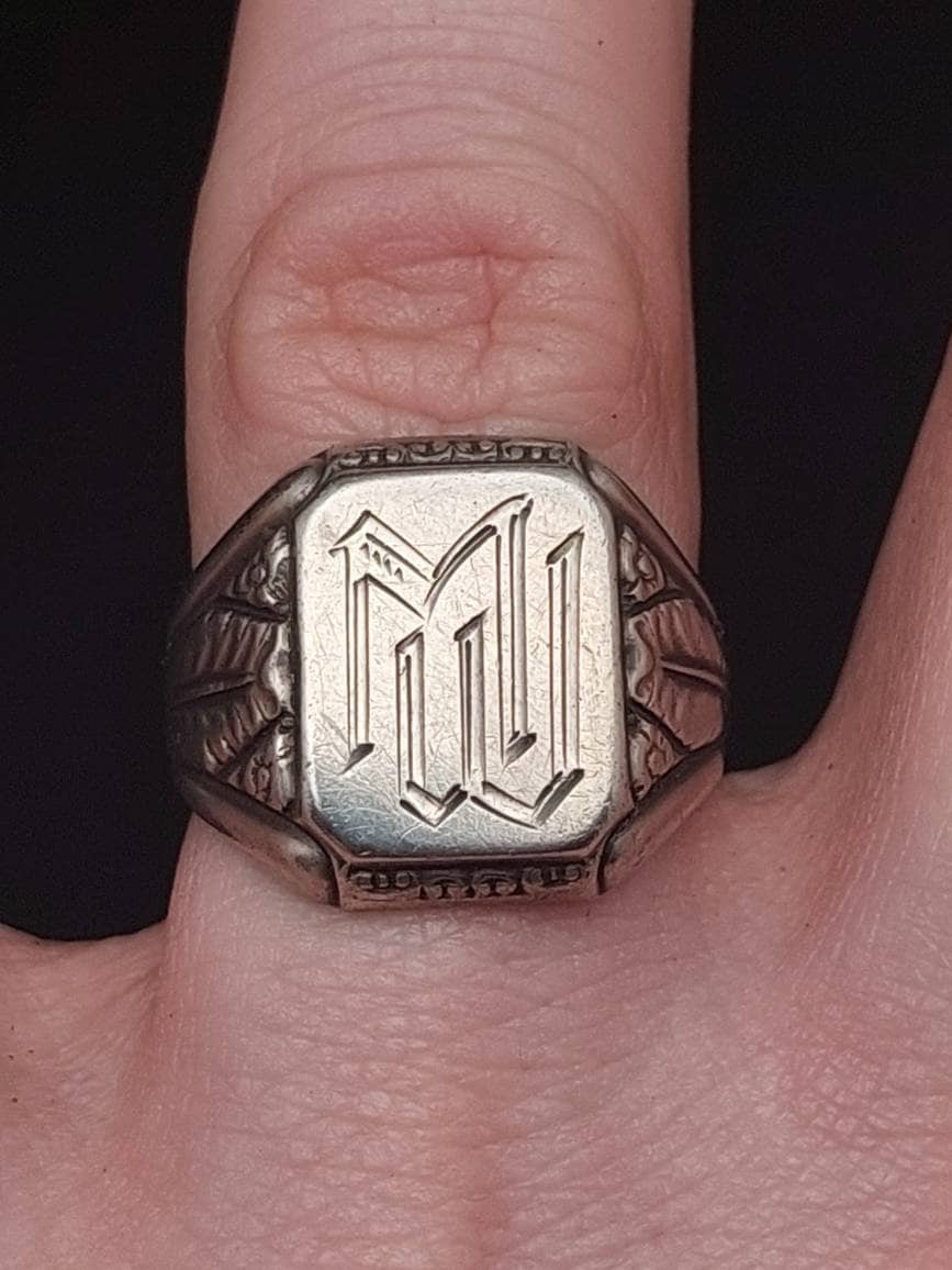 800 Silver Antique Ring Monogram Edwardian Family Crest Signet