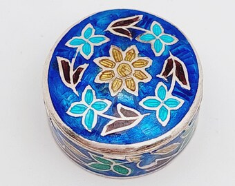 Antique 925 silver round tin enamel flowers pill box enamel work