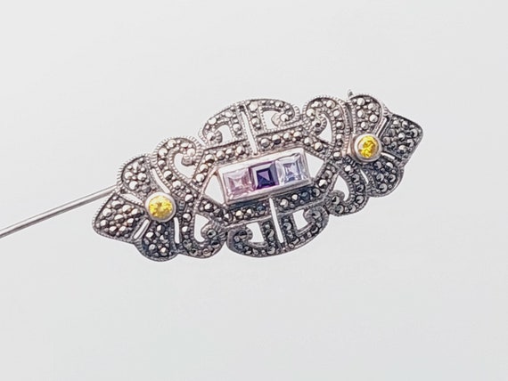Broche Ancienne En Argent Rectangulaire - Décor Rocaille Travaillé, Bijou Vintage D'occasion