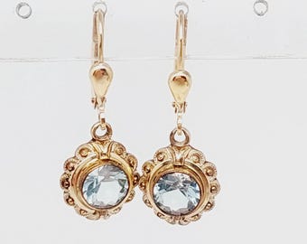 Antique 333 gold drop earrings, 8 karat earrings, aquamarine look, blue cut stone, glass, gift exclusively for women