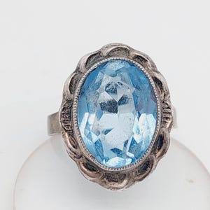 Antique silver Art Nouveau ring with blue stone aquamarine colored size 13 US 6 1/2